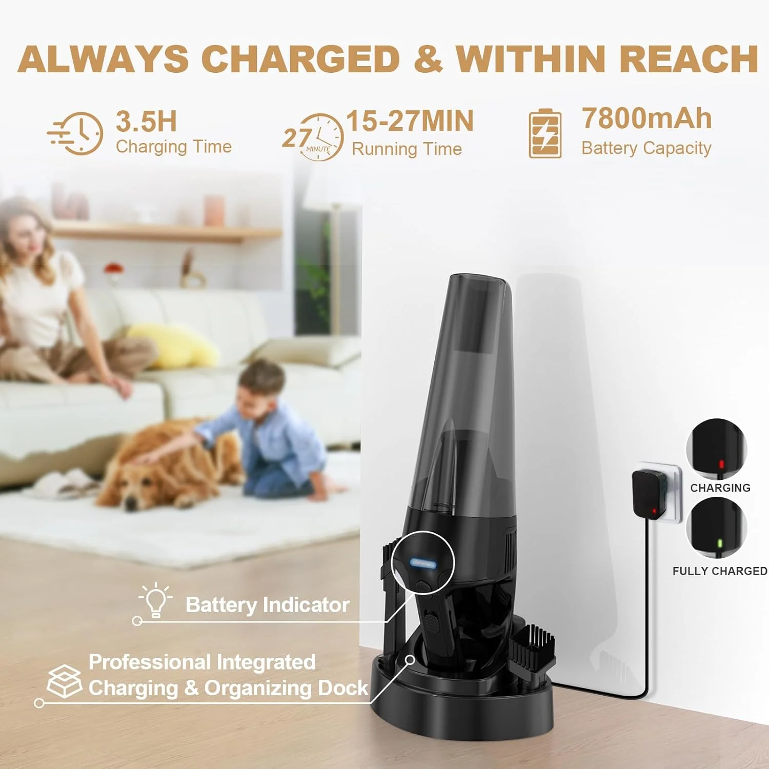 جاروبرقی دستی بی سیم: با مکش فوق العاده قوی 16KPa، قابل حمل و سبک با پایه شارژ سریع، چراغ LED، مخزن گرد و غبار فوق العاده بزرگ 0.8 لیتری، عمر باتری طولانی برای خانه