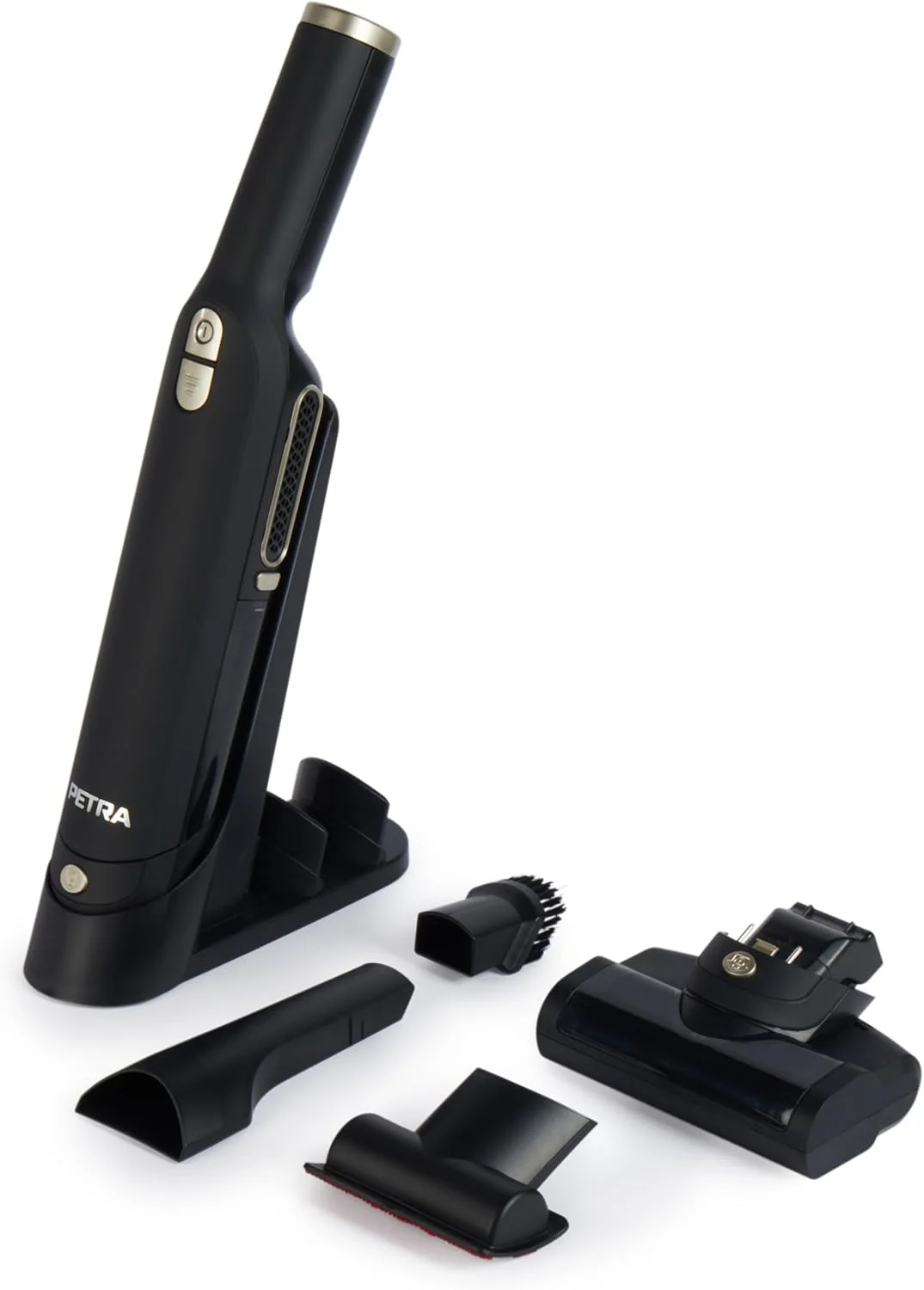 جاروبرقی دستی پترا مدل PF01111VDE - برس موتوری بدون سیم برای موی حیوانات خانگی، پایه شارژ و نگهداری رومیزی، فیلتر HEPA، دارای لوازم جانبی، سبک وزن، 2 سرعت، مخزن گرد و غبار 100 میلی لیتری