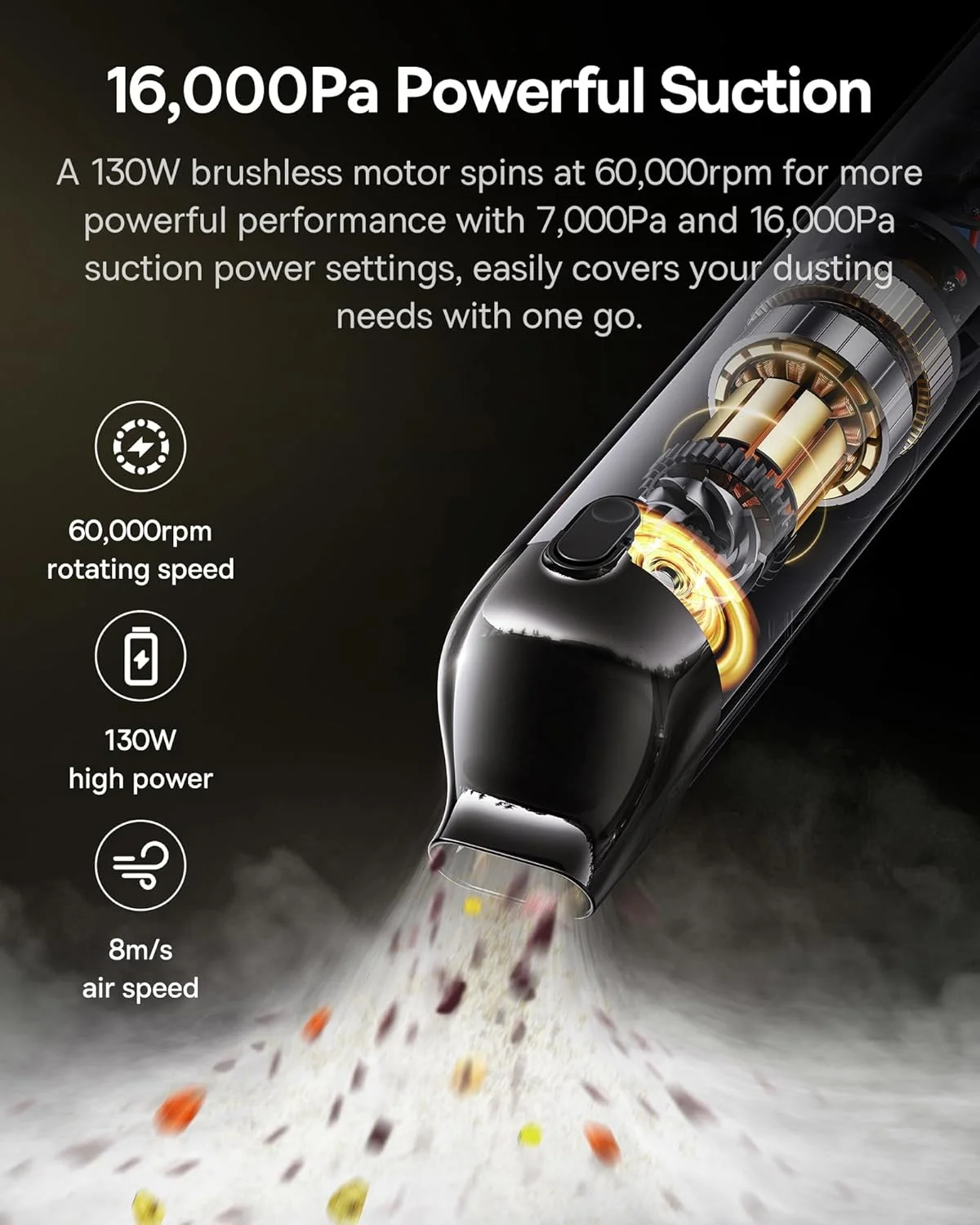 جاروبرقی خودرو با قدرت بالا، 16000 پاسکال، جاروبرقی قابل حمل و بی سیم با طراحی جداگانه گرد و غبار و هوا، شارژ سریع Type C 3 ساعته، جاروبرقی دستی کوچک برای موی سگ، خودرو، استفاده خانگی
