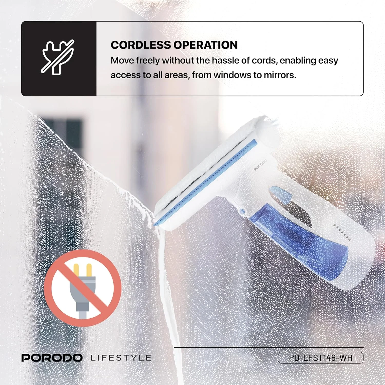 دستگاه تمیز کننده شیشه دستی Porodo Lifestyle، جاروبرقی بی سیم، اسپری کننده، مخزن آب 80 میلی لیتری، 30 دقیقه زمان کارکرد، مکش قدرتمند، استفاده چند منظوره، ایده آل برای پنجره ها، آینه ها و شیشه - سفید