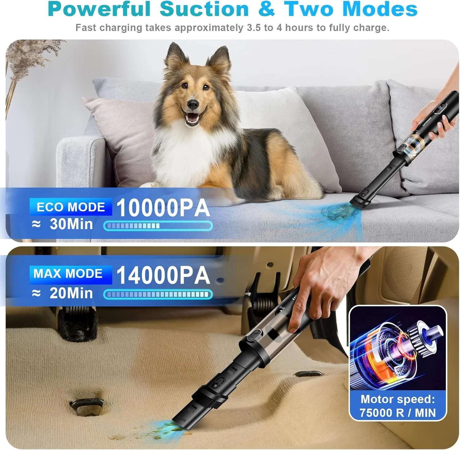 جاروبرقی دستی بی سیم، جاروبرقی قابل حمل خودرو، جاروبرقی مکش قدرتمند 14000PA با چراغ LED و دمنده هوا 2 در 1، جاروبرقی کوچک قابل شارژ کم صدا برای خودرو، خانه، حیوانات خانگی، دفتر