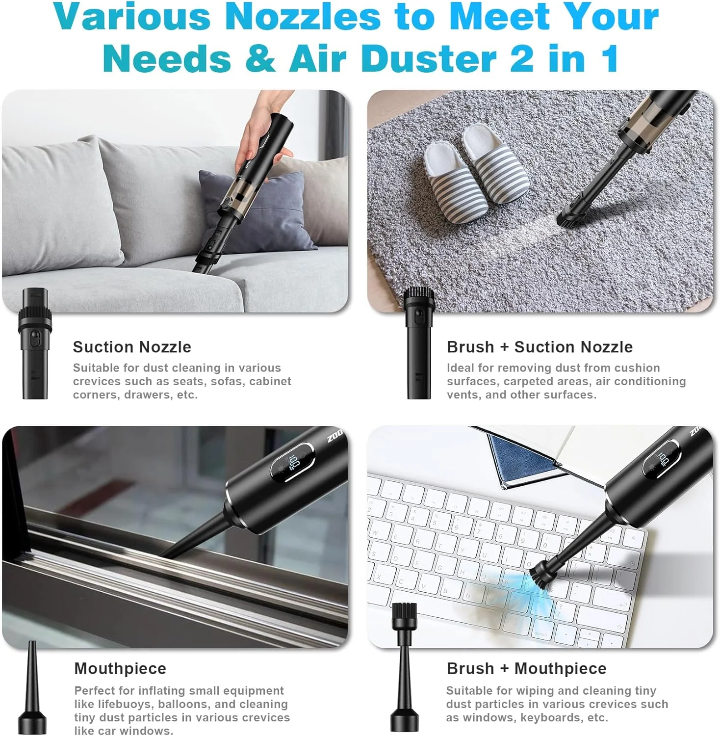 جاروبرقی دستی بی سیم، جاروبرقی قابل حمل خودرو، جاروبرقی مکش قدرتمند 14000PA با چراغ LED و دمنده هوا 2 در 1، جاروبرقی کوچک قابل شارژ کم صدا برای خودرو، خانه، حیوانات خانگی، دفتر