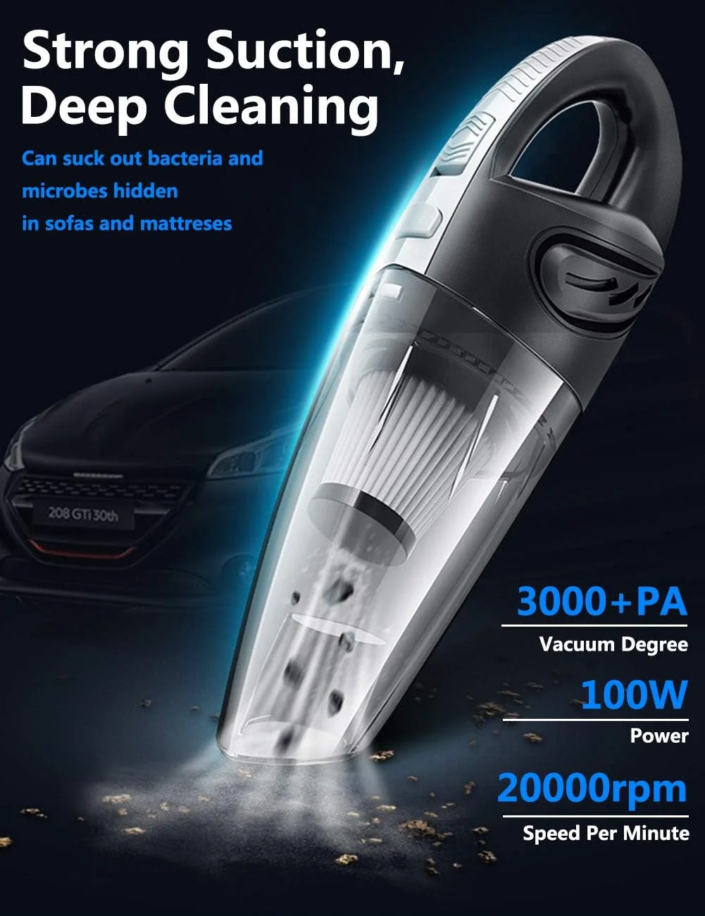 جاروبرقی دستی، 120 وات، بی سیم، با قابلیت استفاده دوگانه خشک و مرطوب، سبک و قابل حمل، دارای فیلتر HEPA، فناوری شارژ سریع، مکش سایکلون قدرتمند برای موی حیوانات خانگی، تمیز کردن ماشین و منزل
