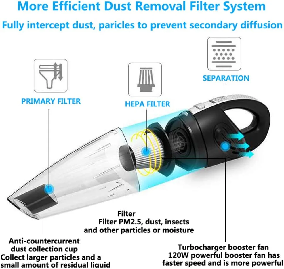 جاروبرقی دستی، 120 وات، بی سیم، با قابلیت استفاده دوگانه خشک و مرطوب، سبک و قابل حمل، دارای فیلتر HEPA، فناوری شارژ سریع، مکش سایکلون قدرتمند برای موی حیوانات خانگی، تمیز کردن ماشین و منزل