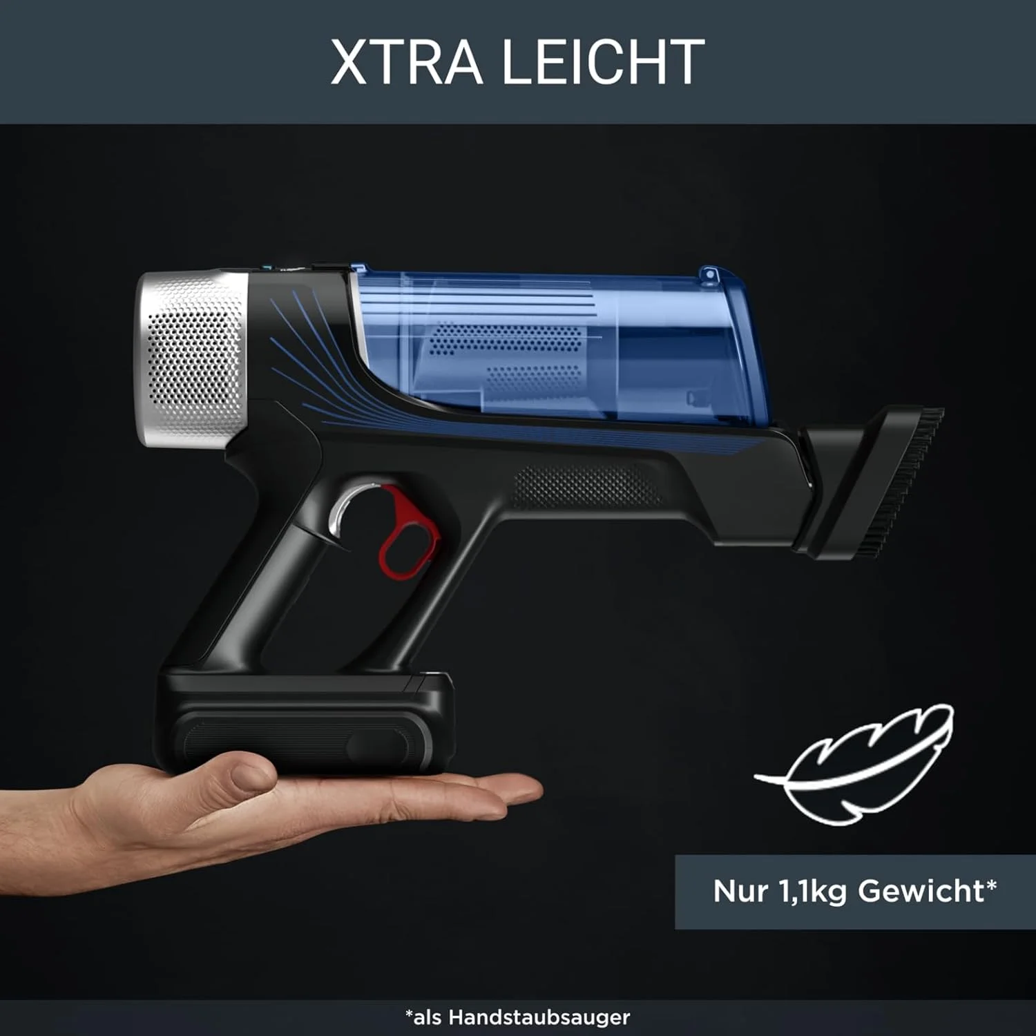 جاروبرقی عصایی شارژی روونتا مدل RH20C2 X-Force Flex 9.60 Allergy Aqua | توان 100 وات هوا | باتری قابل جابجایی | تا 45 دقیقه زمان کارکرد | جمع و جور | مفصل انعطاف پذیر | نازل LED | آبی/مشکی