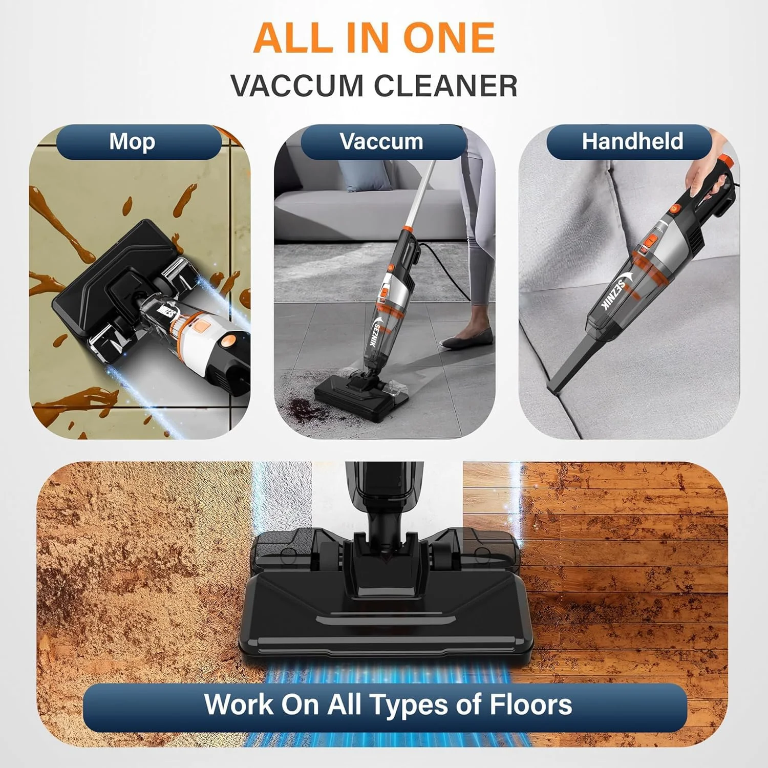 جاروبرقی و تی دستی 3 در 1 SEZNIK Turbo Sweep | سیم دار 600 وات، مکش 20kpa | مخزن آب 200 میلی لیتری | جاروبرقی و تی (SZ-V07)