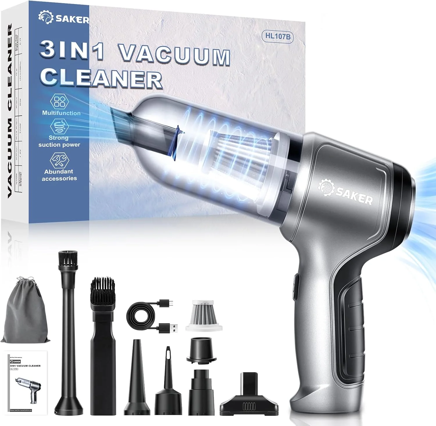 جاروبرقی دستی کوچک Saker، بی سیم، 3 در 1، موتور براشلس چند منظوره 12KPA با قدرت بالا با USB-C، جاروبرقی کوچک برای فضای باز، تمیز کردن دفتر و حیوانات خانگی