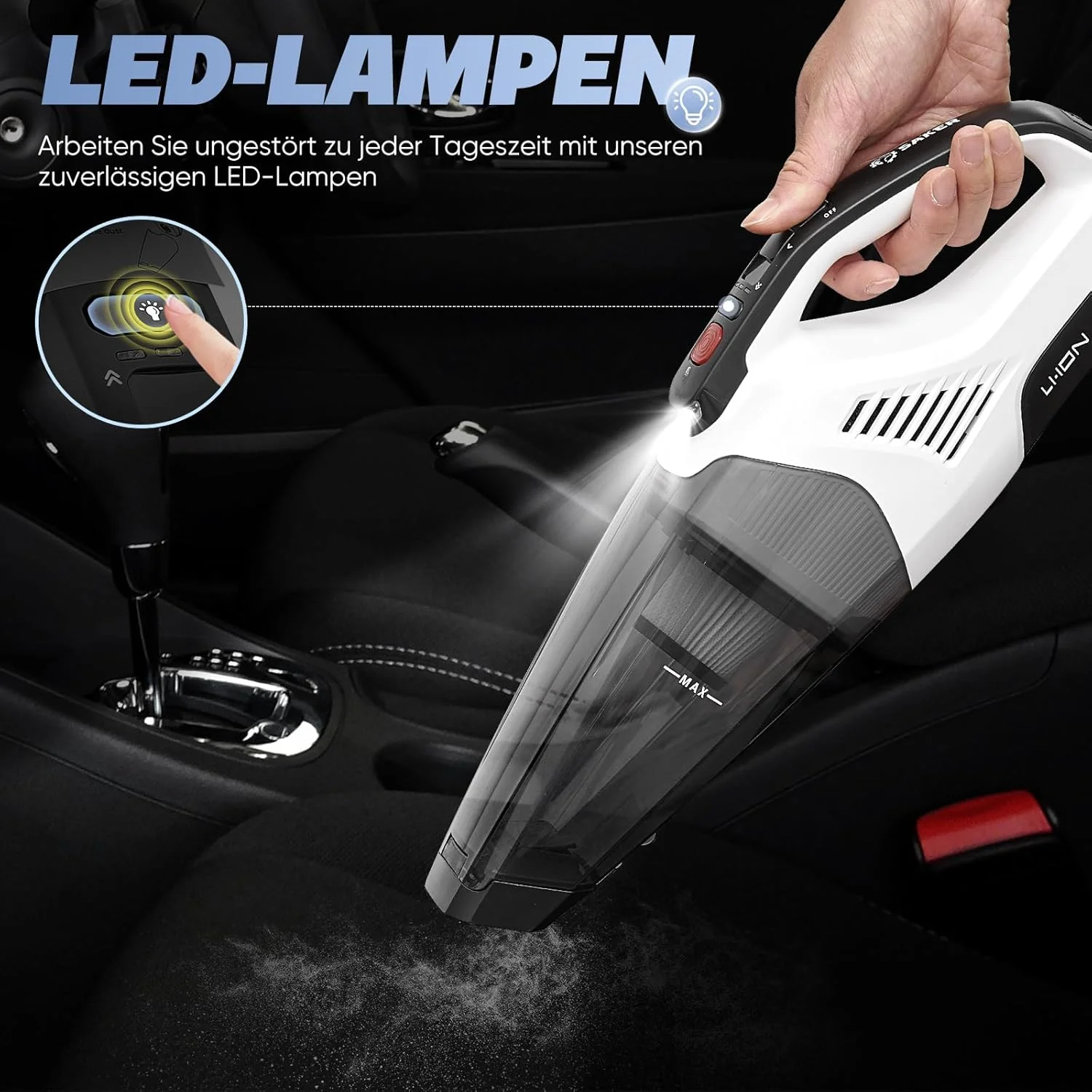 جاروبرقی خودرو Saker، جاروبرقی بی‌سیم و قابل حمل با قدرت مکش 7000PA، موتور براشلس پرقدرت، چراغ LED، وزن سبک و ظرفیت 0.6 لیتر مناسب برای خانه و خودرو