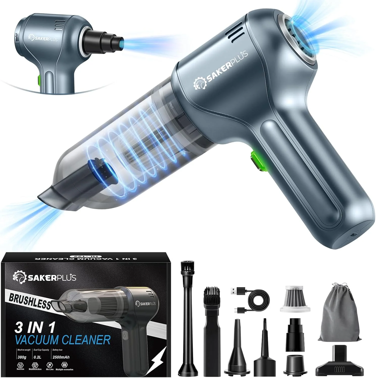 جاروبرقی خودرو - جاروبرقی های دستی بی سیم خودرو با بهترین مکش، موتور براشلس 12000PA با قدرت بالا، جاروبرقی کوچک قابل حمل 3 در 1 بدون سیم