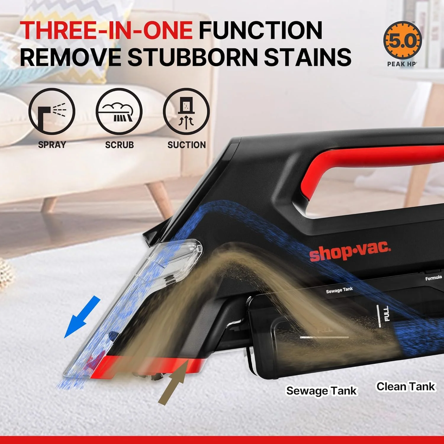 دستگاه لکه بر بی سیم Shop-Vac، تمیز کننده دستی 3 در 1 اثاثیه با اسپری، برس چرخشی و مکش 5.5 کیلو پاسکال، دارای دو مخزن آب، قابل شارژ با USB-C