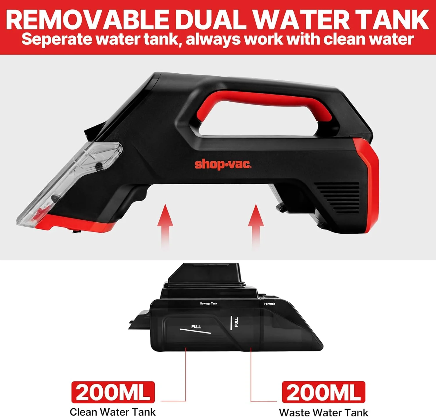 دستگاه لکه بر بی سیم Shop-Vac، تمیز کننده دستی 3 در 1 اثاثیه با اسپری، برس چرخشی و مکش 5.5 کیلو پاسکال، دارای دو مخزن آب، قابل شارژ با USB-C