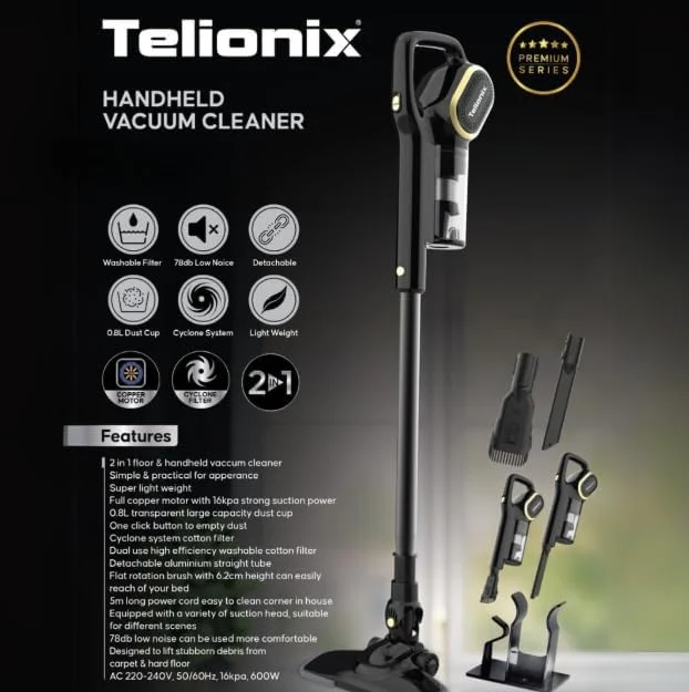 جاروبرقی دستی Telionix، طراحی 2 در 1 مناسب سطوح و دستی، مکش 16KPA، سبک وزن، سیستم سایکلون، فیلتر قابل شستشو، مخزن گرد و غبار 0.8 لیتری، موتور مسی، جاروبرقی قابل حمل