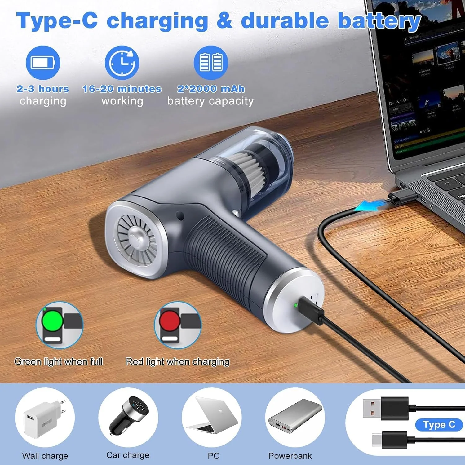 جاروبرقی دستی بی سیم قابل حمل کوچک TENGWUDZ با دمنده، سبک و قدرتمند برای تمیز کردن خانه و ماشین