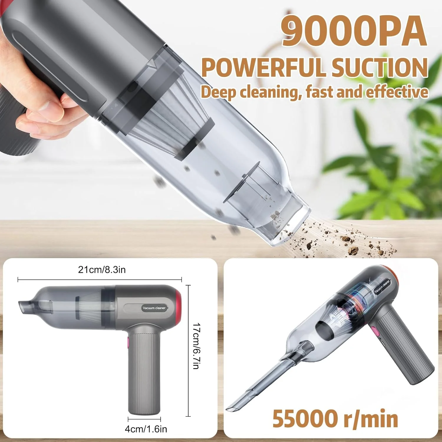 جاروبرقی دستی شارژی، جاروبرقی قدرتمند 9000Pa برای خودرو، جاروبرقی کوچک قابل حمل و سبک وزن، جاروبرقی USB برای موی حیوانات خانگی، خودرو، خانه، دفتر، آشپزخانه