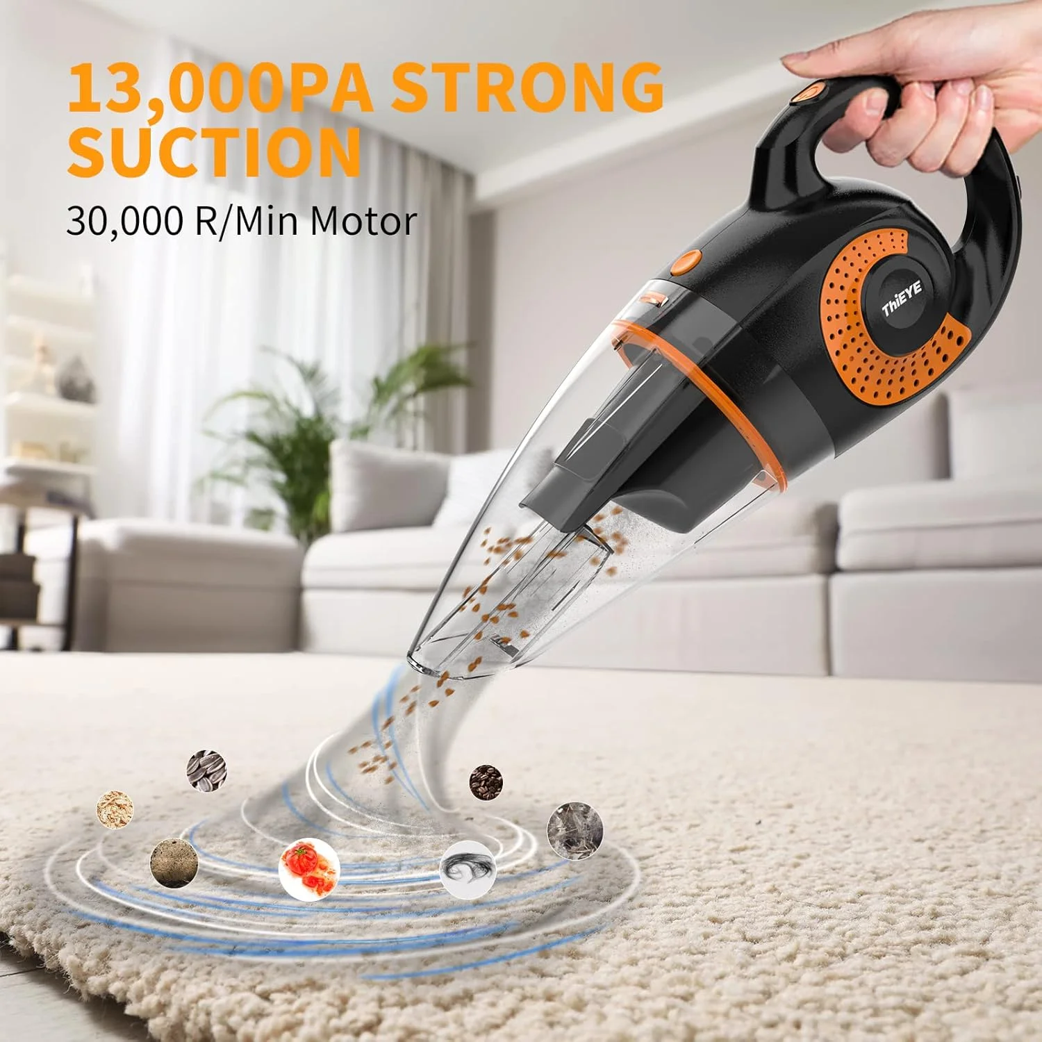جاروبرقی دستی بی سیم ThiEYE، مکش قوی 13 کیلو پاسکال، جاروبرقی قابل حمل و شارژی برای خانه، دفتر و ماشین، نارنجی