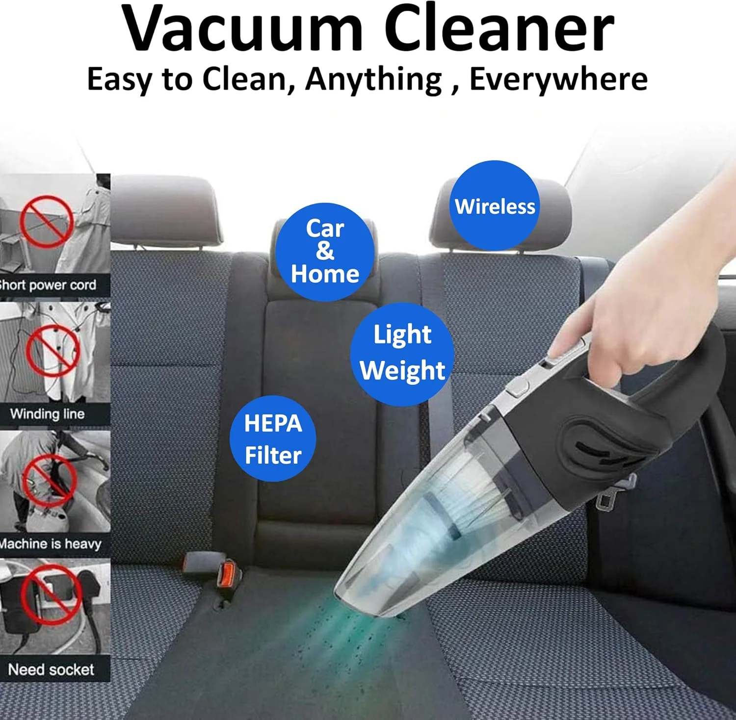 جاروبرقی خودرو توشیونیکس، مکش سایکلون 4000Pa، 12 ولت 120 وات بی سیم و قابل شارژ، فیلتر استیل ضد زنگ و HEPA، سبک وزن دستی برای تمیز کردن مرطوب/خشک، موی حیوانات خانگی، خانه/خودرو، سیم 16.4 فوت