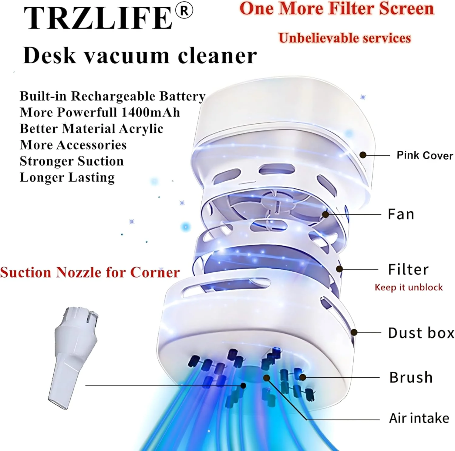 جاروبرقی رومیزی TRZLIFE، جاروبرقی کوچک رومیزی با جزئیات بهبود یافته، قابل شارژ، بادوام تر، مکش قوی برای خرده ریزه ها روی میز، کشو و پیشخوان، هدیه ای عالی