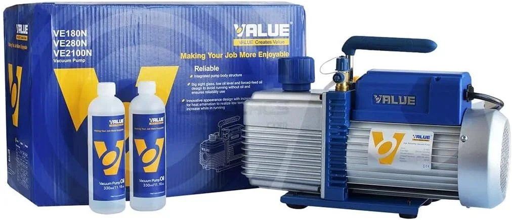 پمپ وکیوم 3/4 اسب بخار، پمپ وکیوم برای نگهداری سیستم تهویه هوا، پمپ وکیوم تک مرحله ای، پمپ وکیوم VE180N، 9.0 CFM، پمپ وکیوم یکپارچه دستی