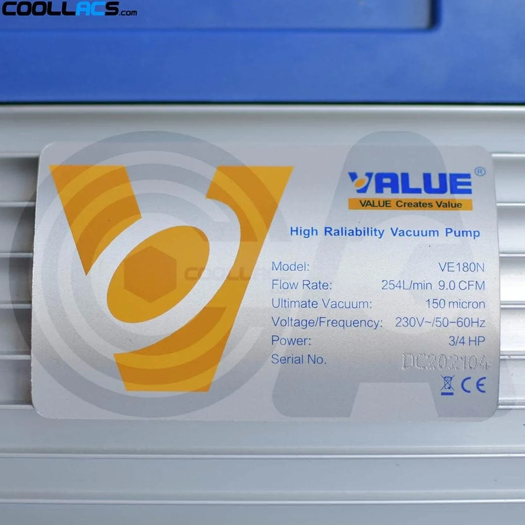 پمپ وکیوم 3/4 اسب بخار، پمپ وکیوم برای نگهداری سیستم تهویه هوا، پمپ وکیوم تک مرحله ای، پمپ وکیوم VE180N، 9.0 CFM، پمپ وکیوم یکپارچه دستی