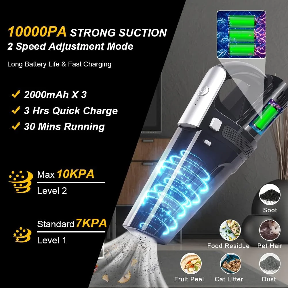 جاروبرقی دستی بی سیم URAQT، جاروبرقی قابل حمل خودرو با مکش قوی 10000Pa، جاروبرقی تر و خشک 2 سرعته با چراغ LED، جاروبرقی شارژی دستی برای خانه، دفتر، خودرو (مشکی)