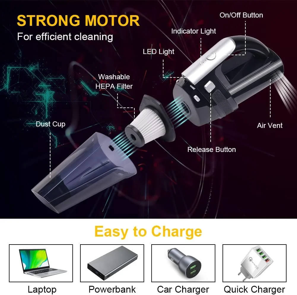 جاروبرقی دستی بی سیم URAQT، جاروبرقی قابل حمل خودرو با مکش قوی 10000Pa، جاروبرقی تر و خشک 2 سرعته با چراغ LED، جاروبرقی شارژی دستی برای خانه، دفتر، خودرو (مشکی)