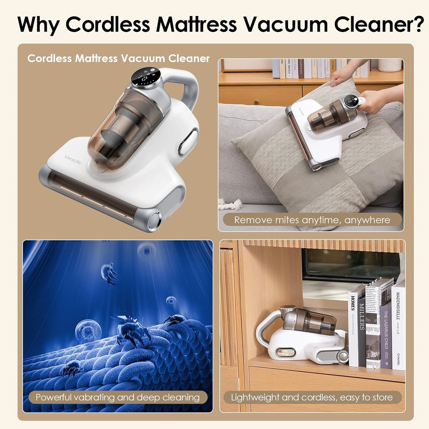 جاروبرقی بی‌سیم VersLife M6 برای تشک، جاروبرقی تشک با نور UV-C 253.7 نانومتری و 80000 لرزش، فیلتر HEPA، جاروبرقی دستی