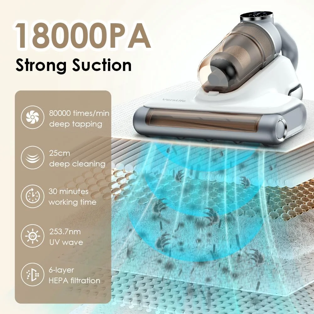 جاروبرقی بی‌سیم VersLife M6 برای تشک، جاروبرقی تشک با نور UV-C 253.7 نانومتری و 80000 لرزش، فیلتر HEPA، جاروبرقی دستی