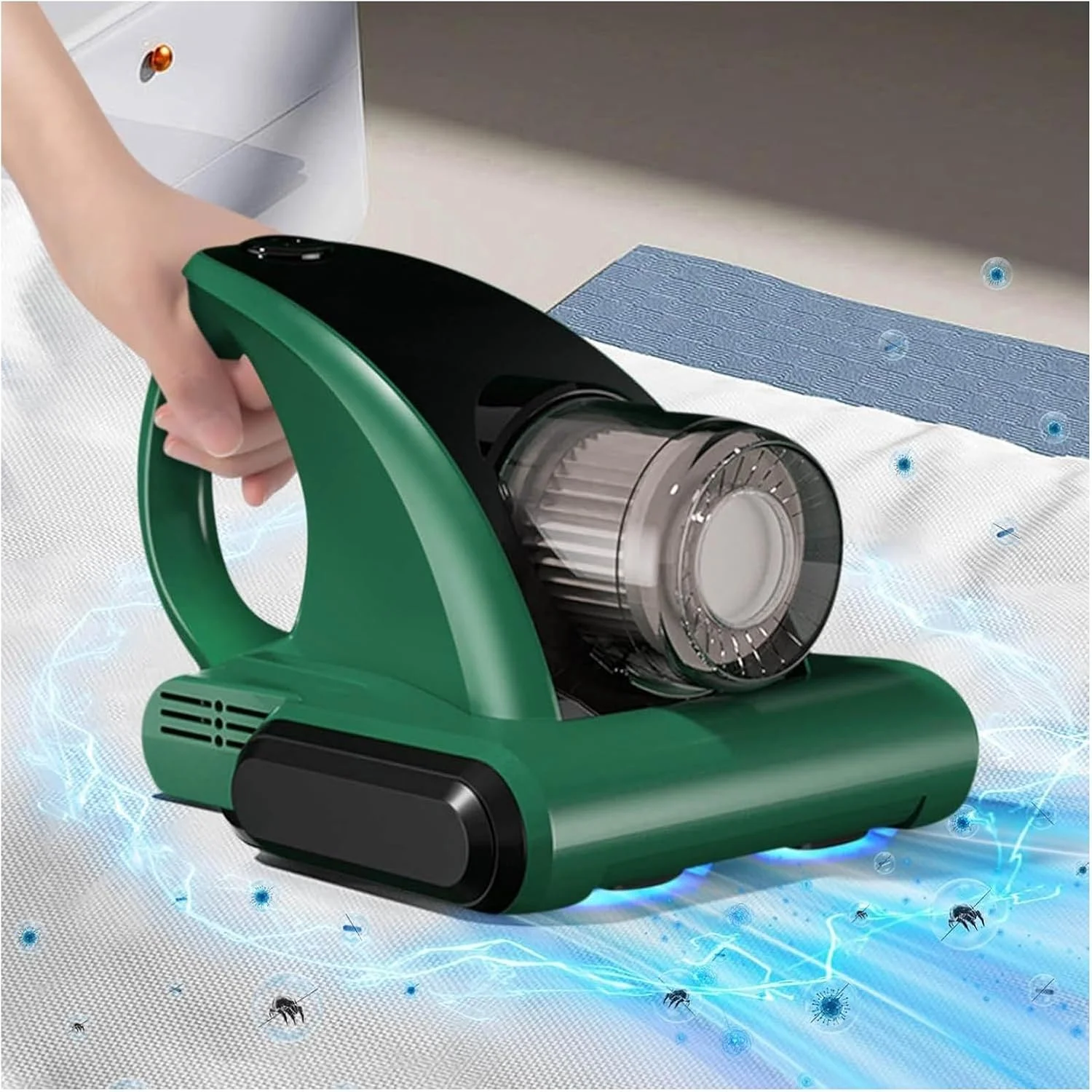 جاروبرقی تخت خواب WEKOTEE، جاروبرقی دستی بی سیم UV برای ملحفه، بالش، لحاف، مبل، پتو، فرش (سبز)
