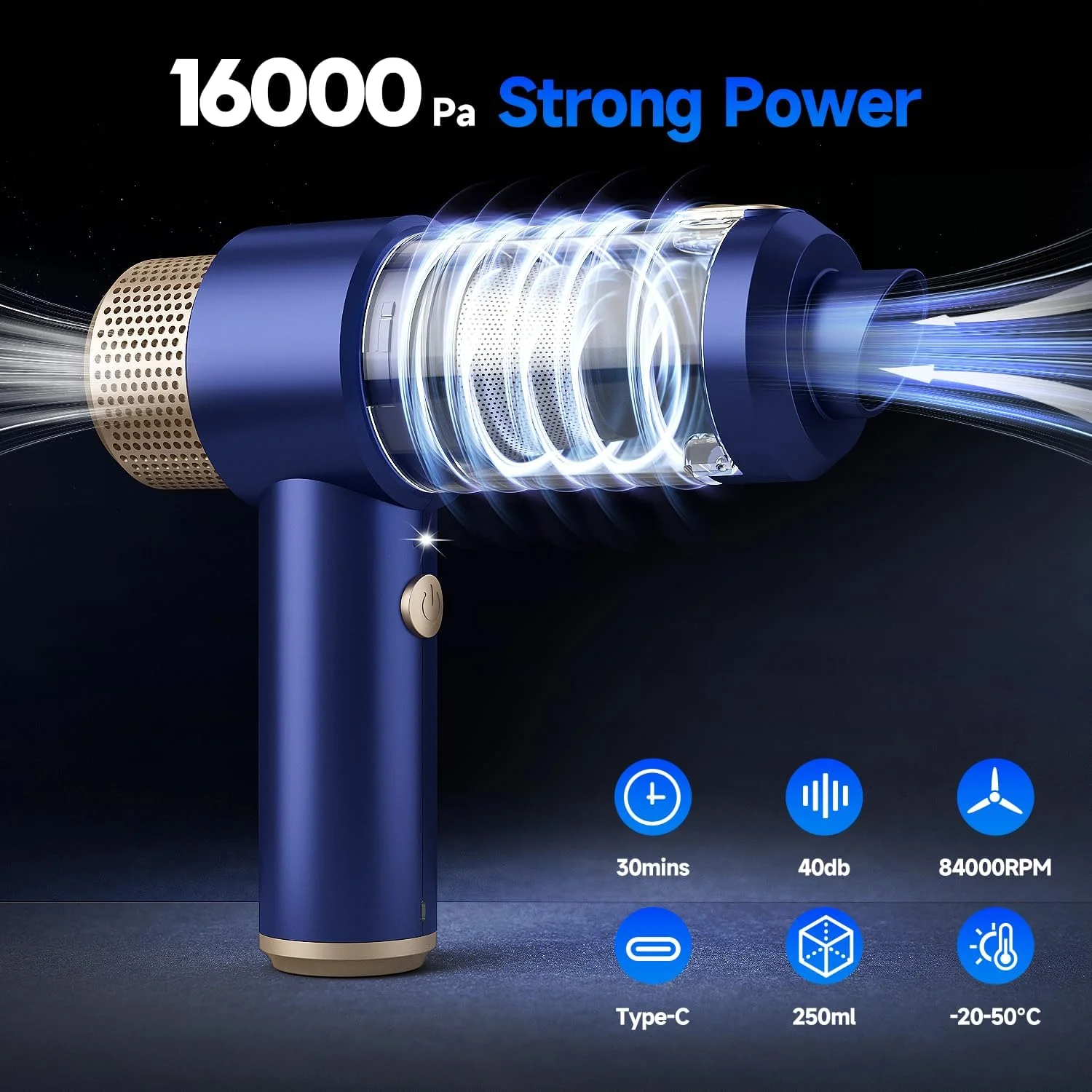 جاروبرقی خودرو ویزئوس وک، 16000PA مینی جاروبرقی خودرو بی سیم قدرتمند، 7 در 1 جاروبرقی دستی قابل حمل بی سیم با چراغ LED، فیلترهای دوگانه، تخلیه با یک لمس برای موی حیوانات خانگی، خانه، دفتر