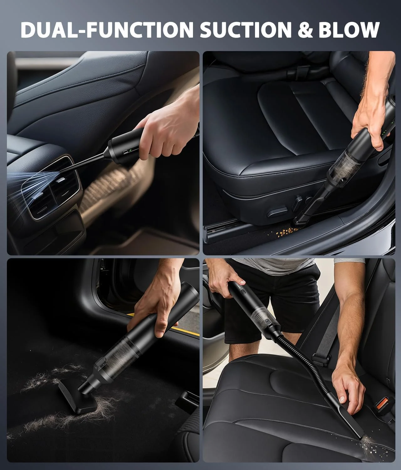 جاروبرقی دستی شارژی قابل حمل خودرو، جاروبرقی کوچک 4 در 1 با 2 حالت مکش و قدرت مکش 16000 پاسکال، دمنده و باد کننده 2 حالته، جاروبرقی دستی برای خودرو، میز، کیبورد