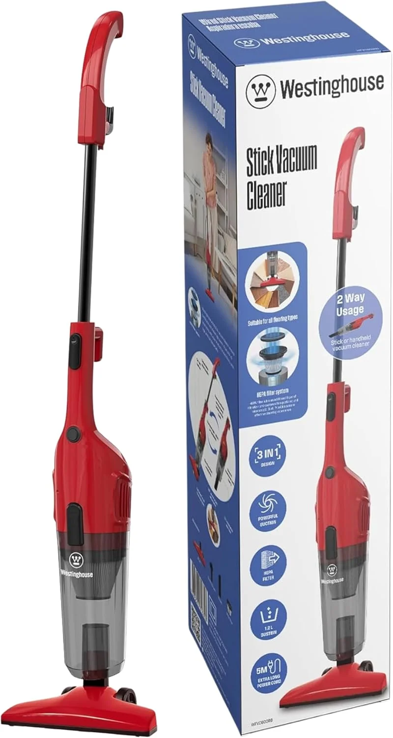 جاروبرقی عصایی 3 در 1 وستینگهاوس – قرمز – 600 وات، ایستاده و دستی – مکش 17Kpa، طراحی سبک، ظرفیت گرد و غبار 1.2 لیتر