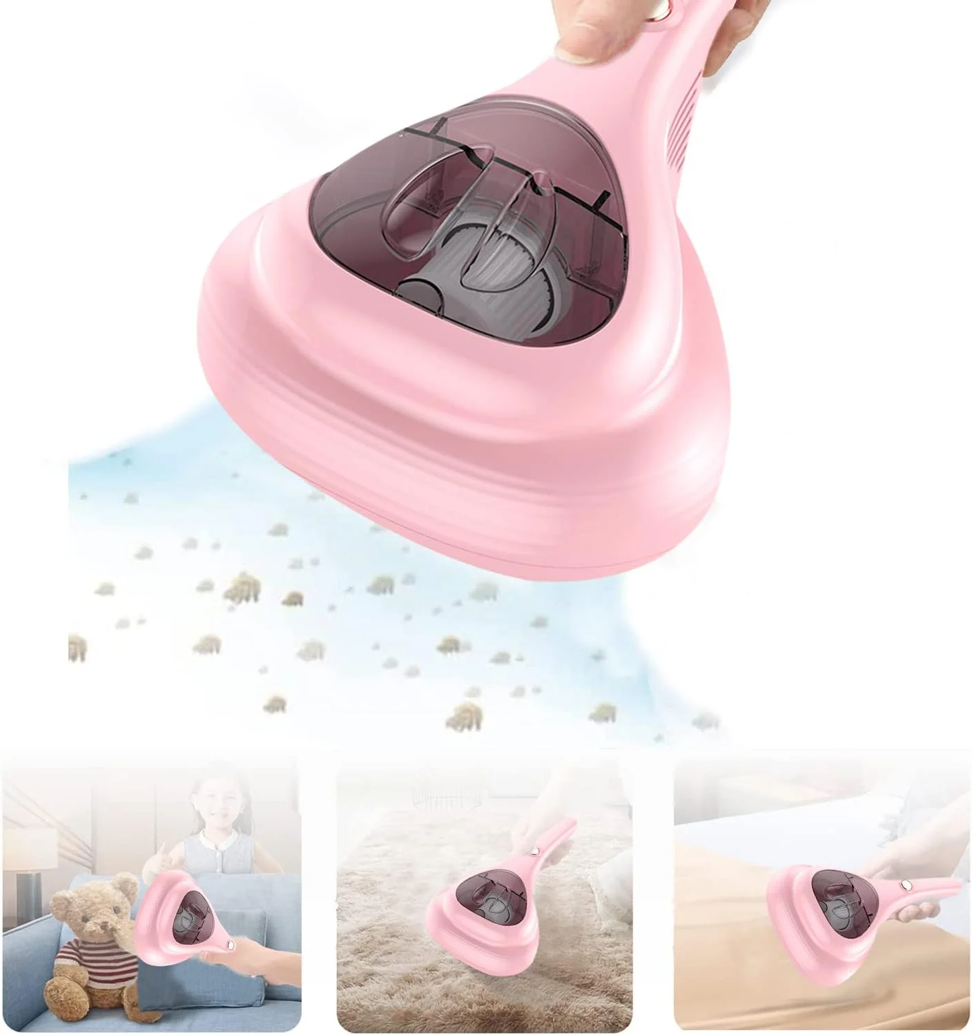 جاروبرقی تخت خواب VUCATIN، دستگاه جاروبرقی ضدعفونی کننده UV، تجهیزات تمیز کننده بی سیم قابل حمل با قدرت بالا برای ملحفه، تشک، فرش، مبل، حیوانات خانگی، مو، صورتی