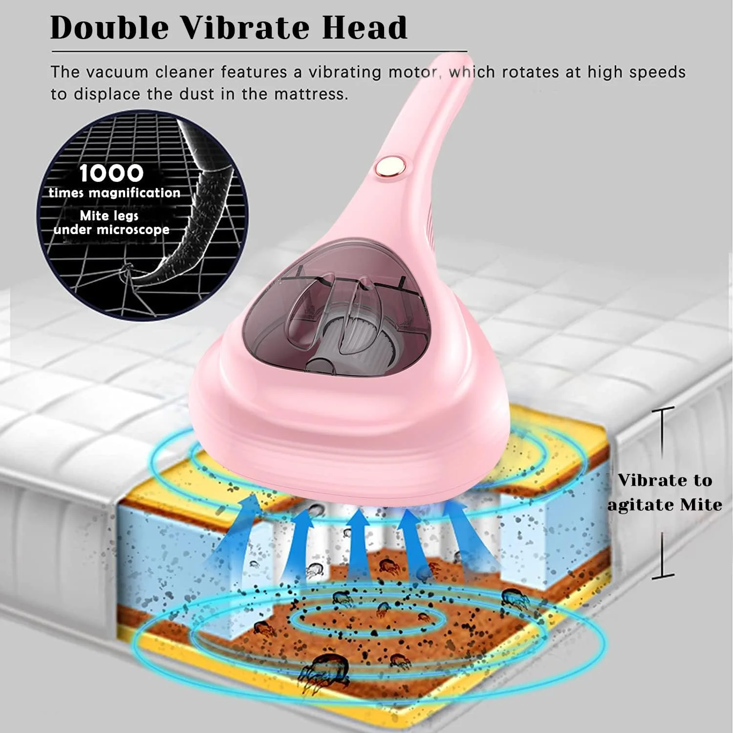 جاروبرقی تخت خواب VUCATIN، دستگاه جاروبرقی ضدعفونی کننده UV، تجهیزات تمیز کننده بی سیم قابل حمل با قدرت بالا برای ملحفه، تشک، فرش، مبل، حیوانات خانگی، مو، صورتی