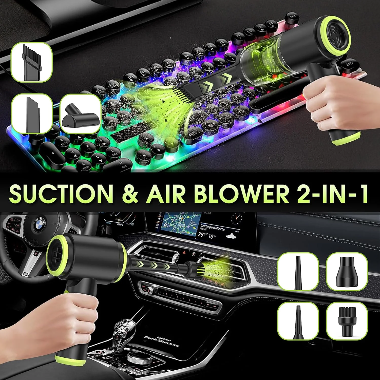 جاروبرقی دستی شارژی WADCIMC - جاروبرقی خودرو با موتور براشلس، قدرت بالای 20000PA، دمنده هوا و جاروبرقی 2 در 1، جاروبرقی کوچک قابل شارژ برای خانه، خودرو، دفتر، موی حیوانات خانگی