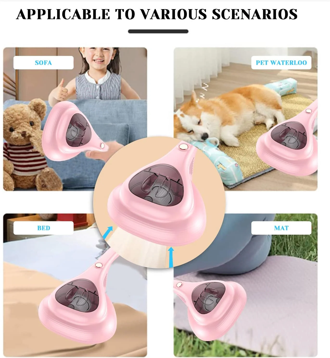 جاروبرقی تخت خواب VUCATIN، دستگاه جاروبرقی ضدعفونی کننده UV، تجهیزات تمیز کننده بی سیم قابل حمل با قدرت بالا برای ملحفه، تشک، فرش، مبل، حیوانات خانگی، مو، صورتی