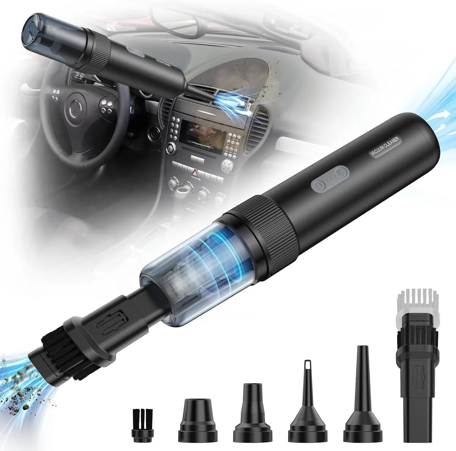 جاروبرقی بی سیم 15000Pa قدرتمند، جاروبرقی و دمنده 4 در 1 مینی، جاروبرقی قابل حمل شارژی 6000 میلی آمپر ساعتی برای ماشین، خانه، آشپزخانه - مشکی