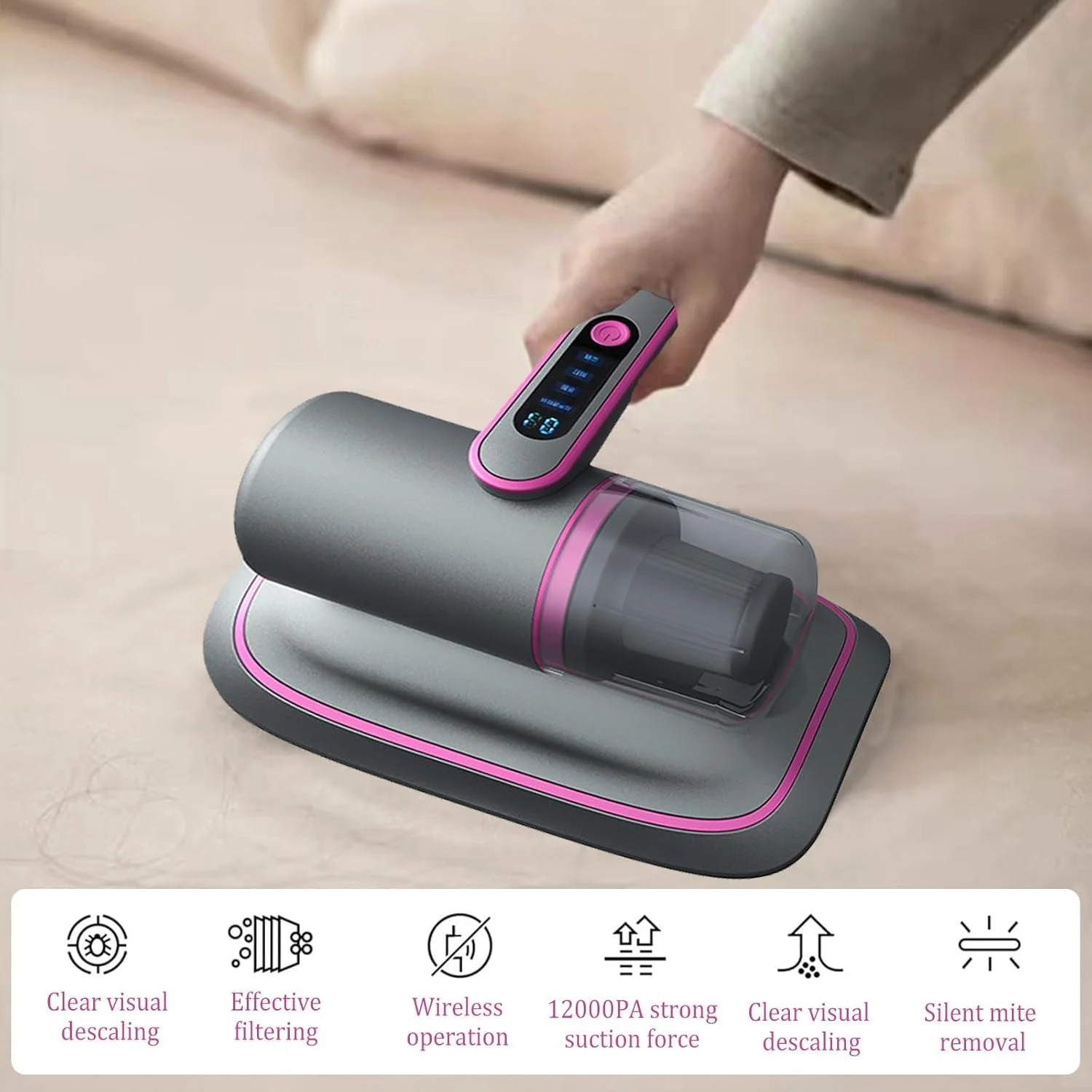 جاروبرقی دستی بی‌سیم برای جمع آوری ذرات ریز، جاروبرقی 12KPa برای تشک با نور UV-C، نمایشگر LCD و مخزن گرد و غبار دائمی، جاروبرقی کوچک تخت، تمیز کننده تشک برای مبل و تشک