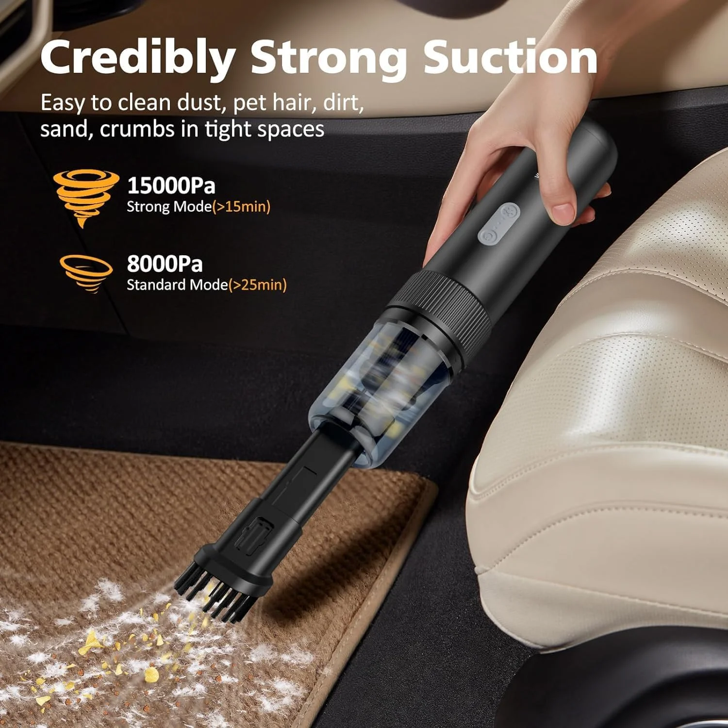 جاروبرقی بی سیم 15000Pa قدرتمند، جاروبرقی و دمنده 4 در 1 مینی، جاروبرقی قابل حمل شارژی 6000 میلی آمپر ساعتی برای ماشین، خانه، آشپزخانه - مشکی