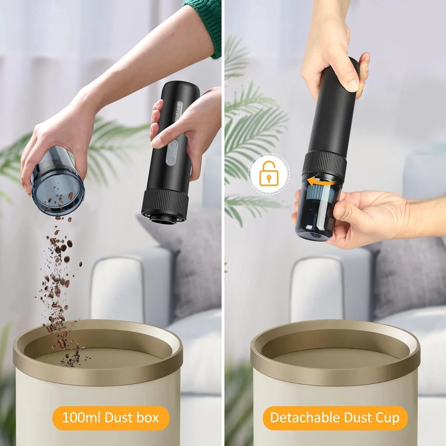 جاروبرقی بی سیم 15000Pa قدرتمند، جاروبرقی و دمنده 4 در 1 مینی، جاروبرقی قابل حمل شارژی 6000 میلی آمپر ساعتی برای ماشین، خانه، آشپزخانه - مشکی