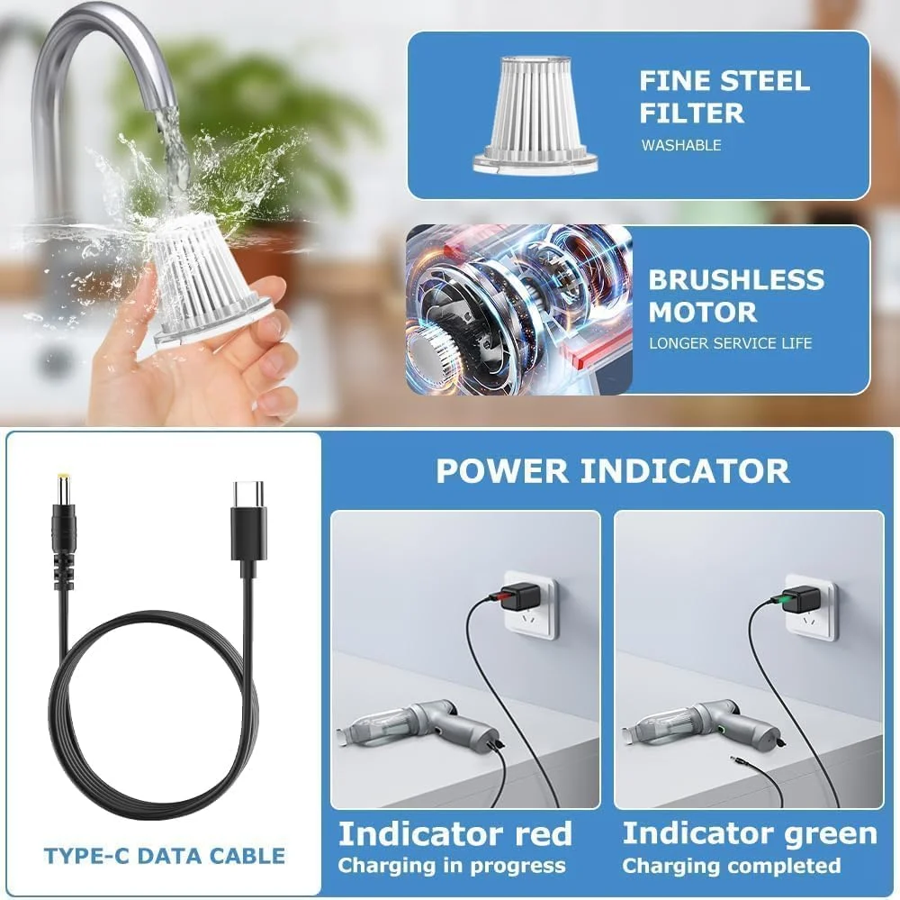 جاروبرقی و دمنده دستی بی‌سیم خودرو، مکش قوی 12000PA، جاروبرقی شارژی و دمنده هوای فشرده قدرتمند، جاروبرقی کوچک قابل حمل برای خودرو، خانه، دفتر، موی حیوانات خانگی، صفحه کلید، تمیز کردن کامپیوتر