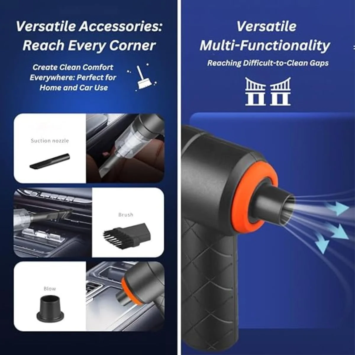 جاروبرقی و دمنده 2 در 1 خودرو، بی سیم، قابل شارژ، قابل حمل، جاروبرقی دستی کوچک قدرتمند، مکش قوی برای تمیز کردن مرطوب/خشک، عملکرد بی صدا، قابل شارژ با USB-C، ایده آل برای خودرو، خانه