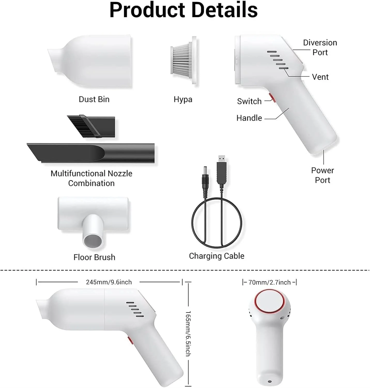 جاروبرقی بی سیم YHUAEE برای منزل، جاروبرقی دستی قدرتمند و کوچک برای تمیز کردن موی حیوانات خانگی و فرش (سفید)