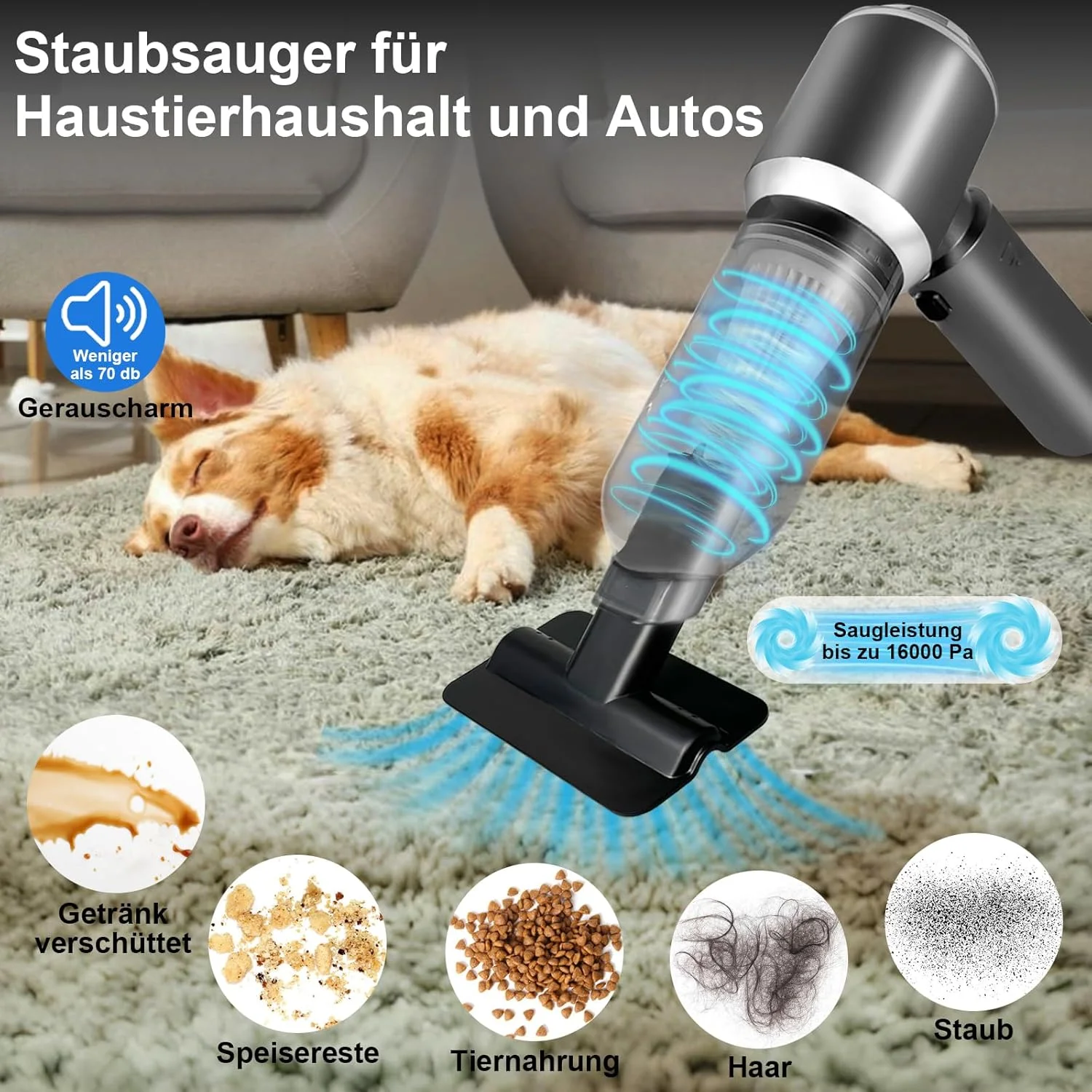 جاروبرقی دستی با باتری، جاروبرقی بی سیم خودرو با قدرت 16000PA، جاروبرقی و دمنده 4 در 1 خودرو با USB، جاروبرقی کوچک مینی برای تمیز کردن خودرو، فضای باز، خانه، دفتر و موی حیوانات خانگی