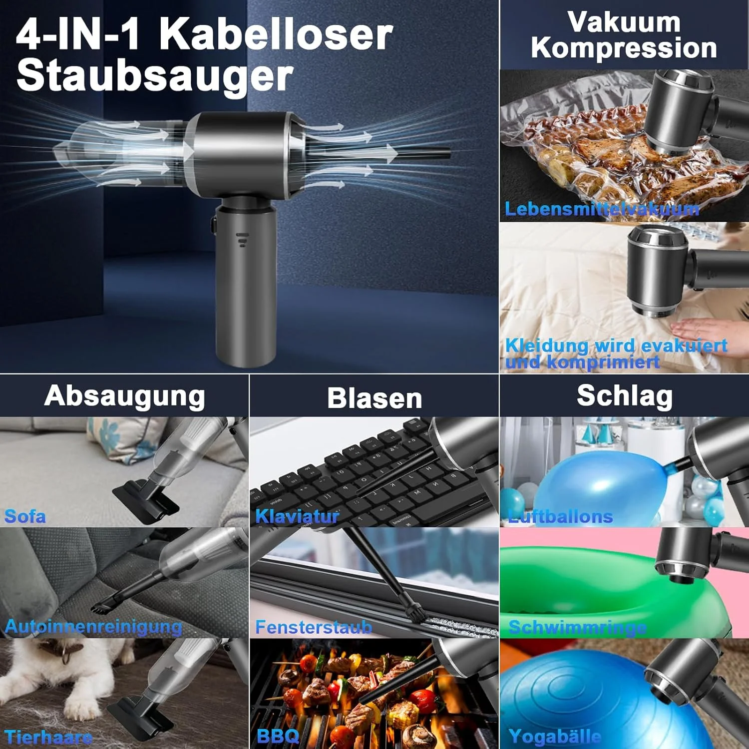 جاروبرقی دستی با باتری، جاروبرقی بی سیم خودرو با قدرت 16000PA، جاروبرقی و دمنده 4 در 1 خودرو با USB، جاروبرقی کوچک مینی برای تمیز کردن خودرو، فضای باز، خانه، دفتر و موی حیوانات خانگی