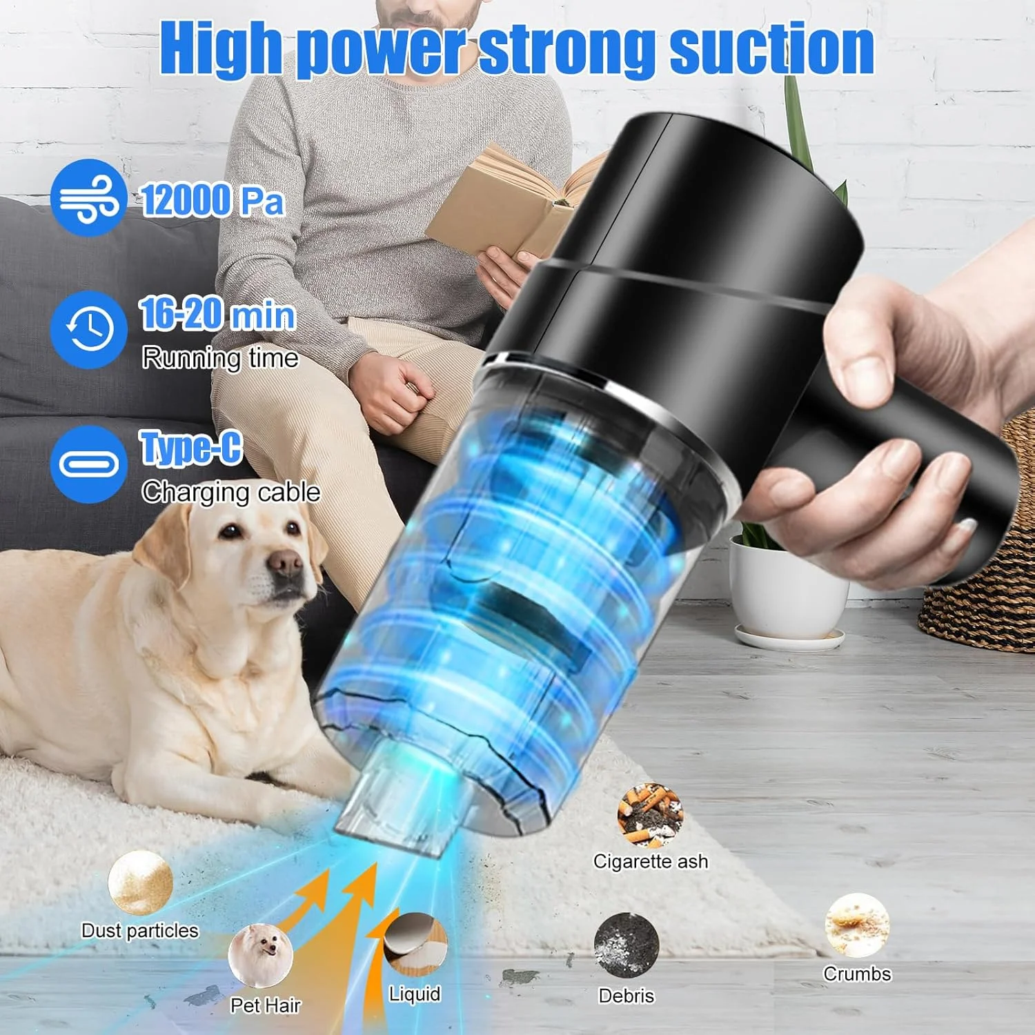 جاروبرقی دستی خودرو، جاروبرقی قابل حمل و بی سیم 4 در 1 پمپ، جارو و دمنده مینی شارژی بی سیم با نازل های چندگانه برای خودرو، خانه، دفتر، موی حیوانات خانگی - مشکی