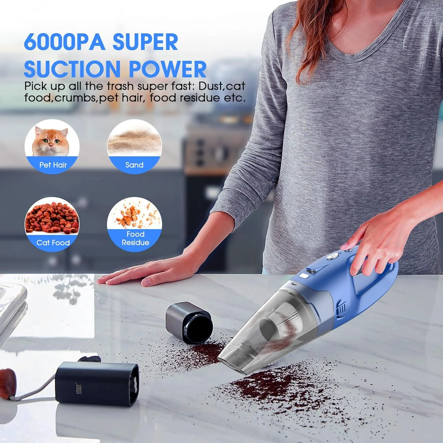 جاروبرقی دستی شارژی بی سیم - جاروبرقی کوچک دستی 6000Pa، چراغ LED، 20-25 دقیقه زمان کارکرد، شارژ USB، مخزن 500 میلی لیتری - جاروبرقی کوچک سبک وزن بی سیم برای ماشین/دفتر/خانه