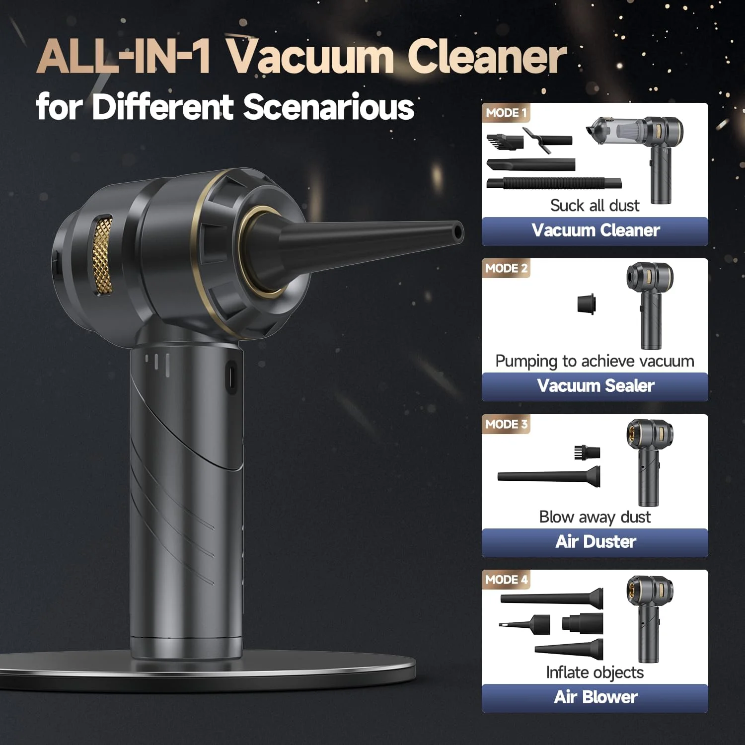 جاروبرقی خودرو - جاروبرقی کوچک تاشو و قابل حمل بدون سیم با موتور براشلس، جاروبرقی قابل شارژ و پرقدرت 4 در 1 22000PA به همراه دمنده هوا، گردگیر و پمپ برای خانه، حیوانات خانگی، دفتر کار