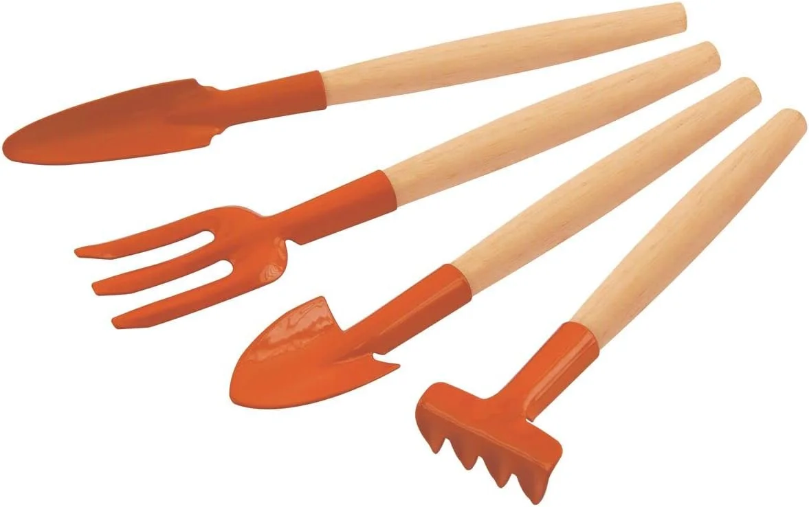 مجموعه ابزار باغبانی 4 تکه ترامونتینا با فولاد کربنی ویژه و دسته چوبی شامل بیلچه باغبانی + بیلچه نشاء + چنگک باغبانی 3 شاخه + کولتیواتور 4 شاخه