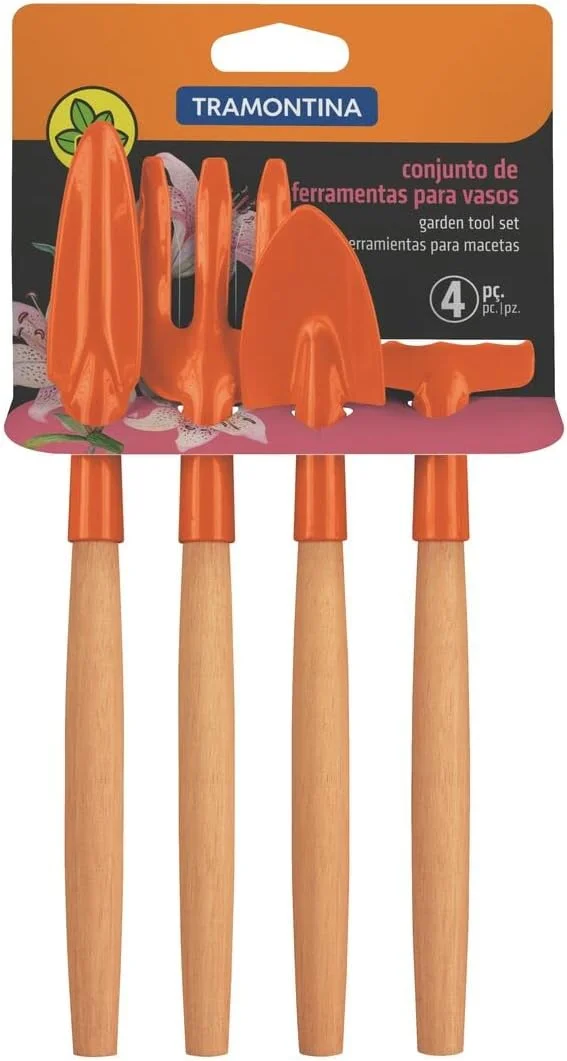 مجموعه ابزار باغبانی 4 تکه ترامونتینا با فولاد کربنی ویژه و دسته چوبی شامل بیلچه باغبانی + بیلچه نشاء + چنگک باغبانی 3 شاخه + کولتیواتور 4 شاخه