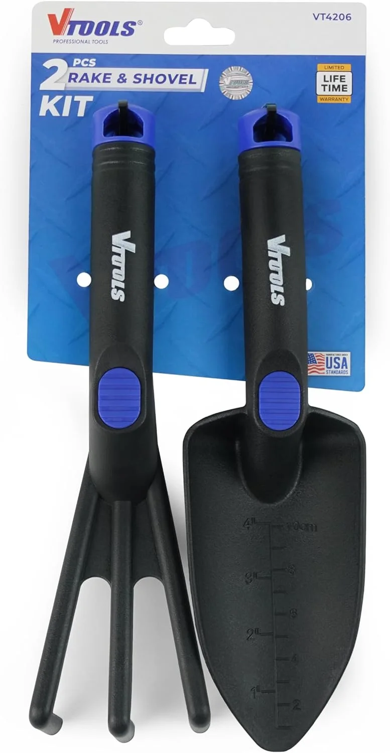 مجموعه ابزار باغبانی دو عددی شامل شن کش و بیلچه VTOOLS، دسته ارگونومیک لاستیکی نرم و ضد لغزش، کیت باغبانی سنگین برای خاک نهال، مراقبت از گیاهان گوشتی، گیاهان آپارتمانی، آبی، VT4206